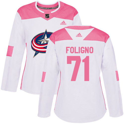 Personalized Women’s Columbus Blue Jackets #71 Nick Foligno White Pink Authentic Fashion Stitched NHL Jersey