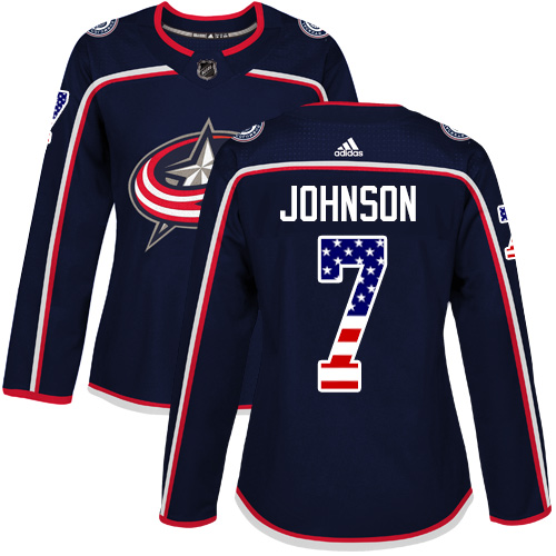 Personalized Women’s Columbus Blue Jackets #7 Jack Johnson Navy Blue Home Authentic USA Flag Stitched NHL Jersey