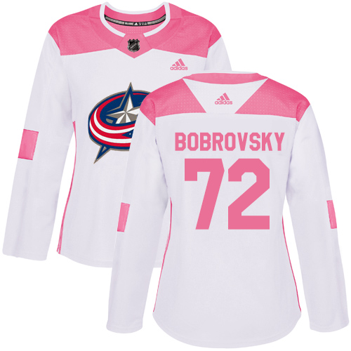 Personalized Women’s Columbus Blue Jackets #72 Sergei Bobrovsky White Pink Authentic Fashion Stitched NHL Jersey