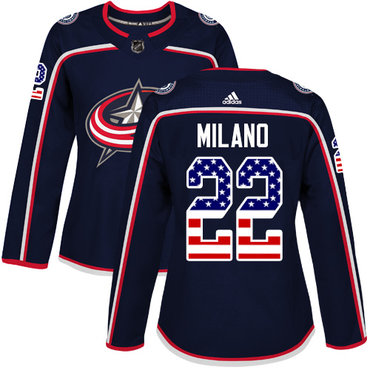 Personalized Women’s Columbus Blue Jackets #22 Sonny Milano Navy Blue Home Authentic USA Flag Stitched NHL Jersey