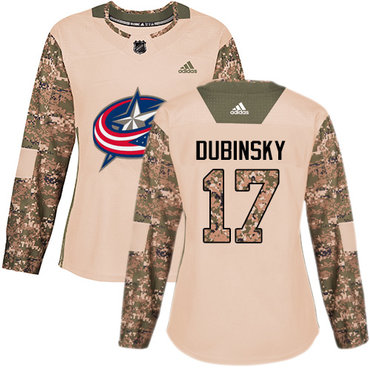Personalized Women’s Columbus Blue Jackets #17 Brandon Dubinsky Camo Authentic 2017 Veterans Day Stitched NHL Jersey