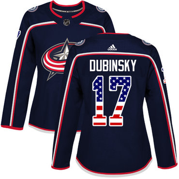 Personalized Women’s Columbus Blue Jackets #17 Brandon Dubinsky Navy Blue Home Authentic USA Flag Stitched NHL Jersey