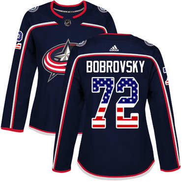 Personalized Women’s Columbus Blue Jackets #72 Sergei Bobrovsky Navy Blue Home Authentic USA Flag Stitched NHL Jersey