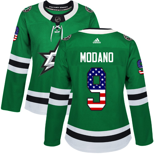 Personalized Women’s Dallas Stars #9 Mike Modano Green Home Authentic USA Flag Stitched NHL Jersey