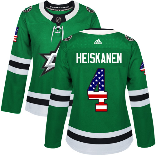 Personalized Women’s Dallas Stars #4 Miro Heiskanen Green Home Authentic USA Flag Stitched NHL Jersey