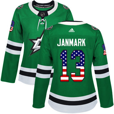 Personalized Women’s Dallas Stars #13 Mattias Janmark Green Home Authentic USA Flag Stitched NHL Jersey