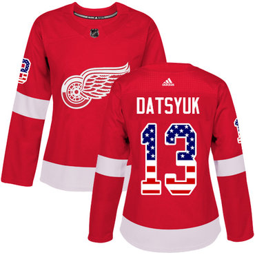 Personalized Women’s Detroit Red Wings #13 Pavel Datsyuk Red Home Authentic USA Flag Stitched NHL Jersey