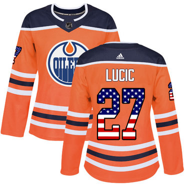 Personalized Women’s Edmonton Oilers #27 Milan Lucic Orange Home Authentic USA Flag Stitched NHL Jersey