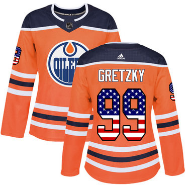 Personalized Women’s Edmonton Oilers #99 Wayne Gretzky Orange Home Authentic USA Flag Stitched NHL Jersey