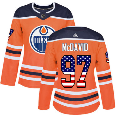Personalized Women’s Edmonton Oilers #97 Connor McDavid Orange Home Authentic USA Flag Stitched NHL Jersey