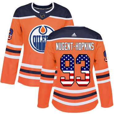 Personalized Women’s Edmonton Oilers #93 Ryan Nugent-Hopkins Orange Home Authentic USA Flag Stitched NHL Jersey