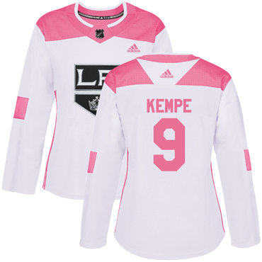 Personalized Women’s Los Angeles Kings #9 Adrian Kempe White Pink Authentic Fashion Stitched NHL Jersey