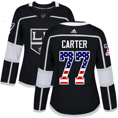 Personalized Women’s Los Angeles Kings #77 Jeff Carter Black Home Authentic USA Flag Stitched NHL Jersey