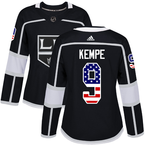 Personalized Women’s Los Angeles Kings #9 Adrian Kempe Black Home Authentic USA Flag Stitched NHL Jersey