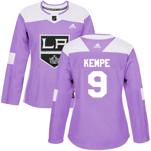 Personalized Women’s Los Angeles Kings #9 Adrian Kempe Purple Authentic Fights Cancer Stitched NHL Jersey