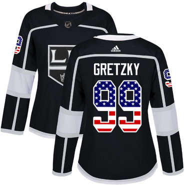 Personalized Women’s Los Angeles Kings #99 Wayne Gretzky Black Home Authentic USA Flag Stitched NHL Jersey