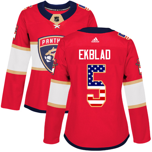 Personalized Women’s Florida Panthers #5 Aaron Ekblad Red Home Authentic USA Flag Stitched NHL Jersey