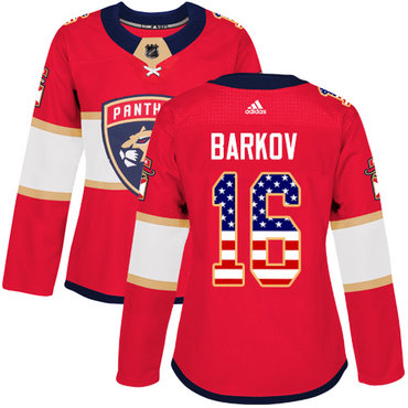 Personalized Women’s Florida Panthers #16 Aleksander Barkov Red Home Authentic USA Flag Stitched NHL Jersey