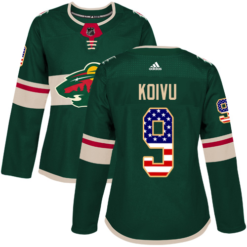 Personalized Women’s Minnesota Wild #9 Mikko Koivu Green Home Authentic USA Flag Stitched NHL Jersey