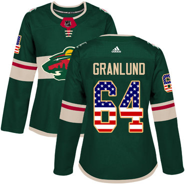 Personalized Women’s Minnesota Wild #64 Mikael Granlund Green Home Authentic USA Flag Stitched NHL Jersey