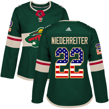 Personalized Women’s Minnesota Wild #22 Nino Niederreiter Green Home Authentic USA Flag Stitched NHL Jersey
