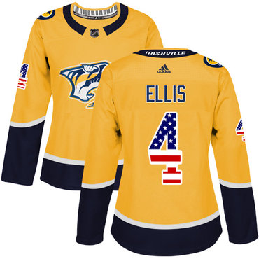 Personalized Women’s Nashville Predators #4 Ryan Ellis Yellow Home Authentic USA Flag Stitched NHL Jersey