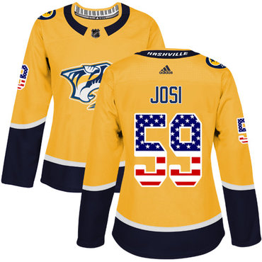 Personalized Women’s Nashville Predators #59 Roman Josi Yellow Home Authentic USA Flag Stitched NHL Jersey