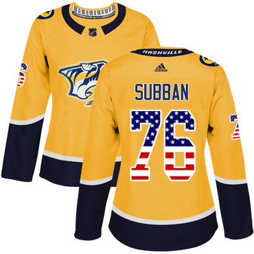 Personalized Women’s Nashville Predators #76 P.K Subban Yellow Home Authentic USA Flag Stitched NHL Jersey