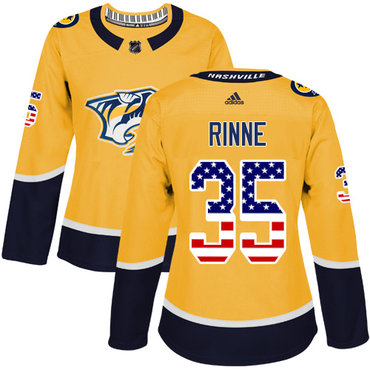 Personalized Women’s Nashville Predators #35 Pekka Rinne Yellow Home Authentic USA Flag Stitched NHL Jersey