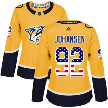 Personalized Women’s Nashville Predators #92 Ryan Johansen Yellow Home Authentic USA Flag Stitched NHL Jersey