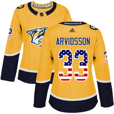 Personalized Women’s Nashville Predators #33 Viktor Arvidsson Yellow Home Authentic USA Flag Stitched NHL Jersey
