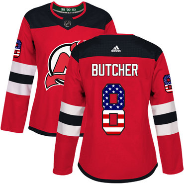 Personalized Women’s New Jersey Devils #8 Will Butcher Red Home Authentic USA Flag Stitched NHL Jersey