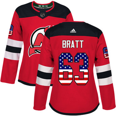 Personalized Women’s New Jersey Devils #63 Jesper Bratt Red Home Authentic USA Flag Stitched NHL Jersey