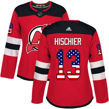 Personalized Women’s New Jersey Devils #13 Nico Hischier Red Home Authentic USA Flag Stitched NHL Jersey