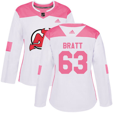 Personalized Women’s New Jersey Devils #63 Jesper Bratt White Pink Authentic Fashion Stitched NHL Jersey