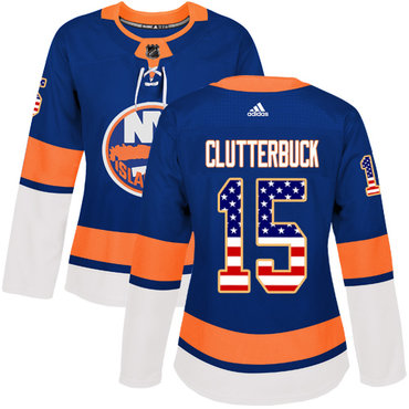 Personalized Women’s New York Islanders #15 Cal Clutterbuck Royal Blue Home Authentic USA Flag Stitched NHL Jersey