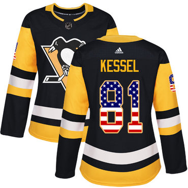 Personalized Women’s Pittsburgh Penguins #81 Phil Kessel Black Home Authentic USA Flag Stitched NHL Jersey