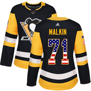 Personalized Women’s Pittsburgh Penguins #71 Evgeni Malkin Black Home Authentic USA Flag Stitched NHL Jersey
