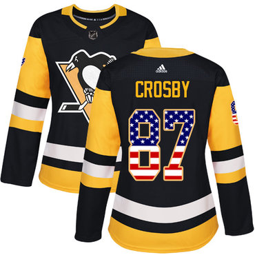 Personalized Women’s Pittsburgh Penguins #87 Sidney Crosby Black Home Authentic USA Flag Stitched NHL Jersey