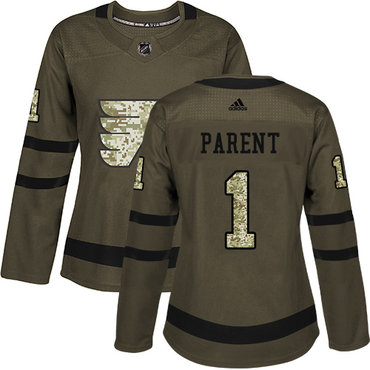 Personalized Women’s Philadelphia Flyers #1 Bernie Parent Green Salute to Service Stitched NHL Jersey