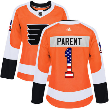 Personalized Women’s Philadelphia Flyers #1 Bernie Parent Orange Home Authentic USA Flag Stitched NHL Jersey