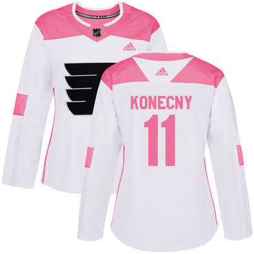 Personalized Women’s Philadelphia Flyers #11 Travis Konecny White Pink Authentic Fashion Stitched NHL Jersey