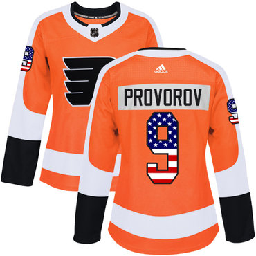 Personalized Women’s Philadelphia Flyers #9 Ivan Provorov Orange Home Authentic USA Flag Stitched NHL Jersey