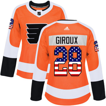 Personalized Women’s Philadelphia Flyers #28 Claude Giroux Orange Home Authentic USA Flag Stitched NHL Jersey