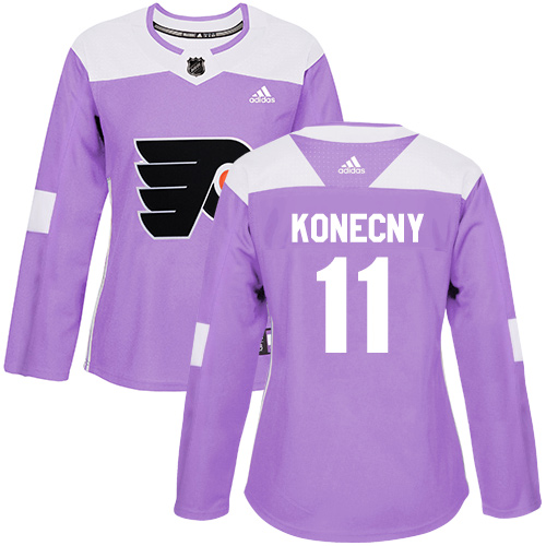 Personalized Women’s Philadelphia Flyers #11 Travis Konecny Purple Authentic Fights Cancer Stitched NHL Jersey