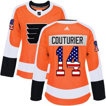 Personalized Women’s Philadelphia Flyers #14 Sean Couturier Orange Home Authentic USA Flag Stitched NHL Jersey
