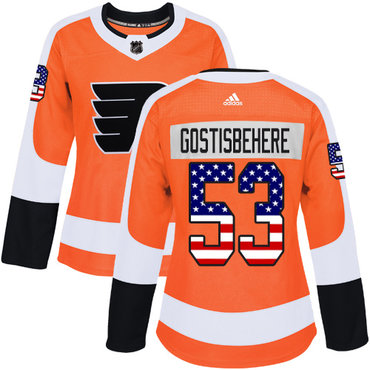 Personalized Women’s Philadelphia Flyers #53 Shayne Gostisbehere Orange Home Authentic USA Flag Stitched NHL Jersey