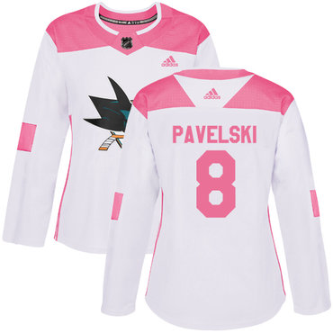 Personalized Women’s San Jose Sharks #8 Joe Pavelski White Pink Authentic Fashion Stitched NHL Jersey