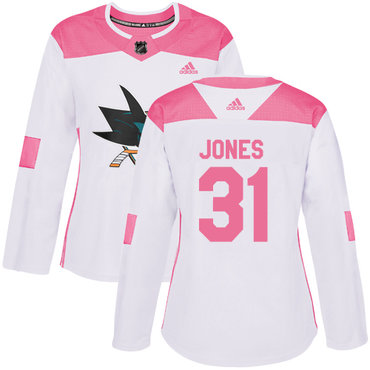 Personalized Women’s San Jose Sharks #31 Martin Jones White Pink Authentic Fashion Stitched NHL Jersey