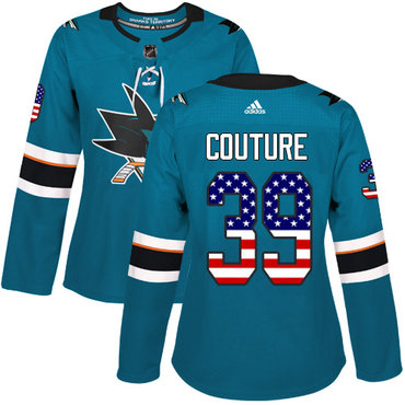 Personalized Women’s San Jose Sharks #39 Logan Couture Teal Home Authentic USA Flag Stitched NHL Jersey